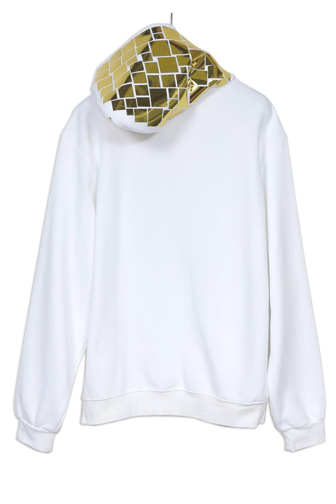 white Hoody with zipper and gold mosaic print on hood