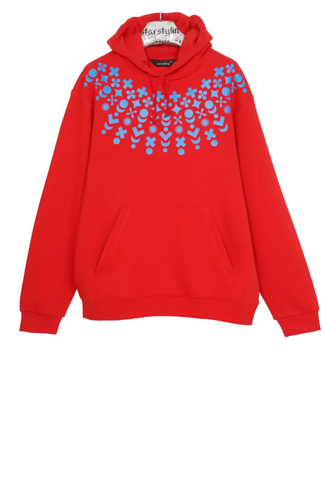 Red hoodie with blue geometric print on chest, front pouch pocket, and drawstring hood