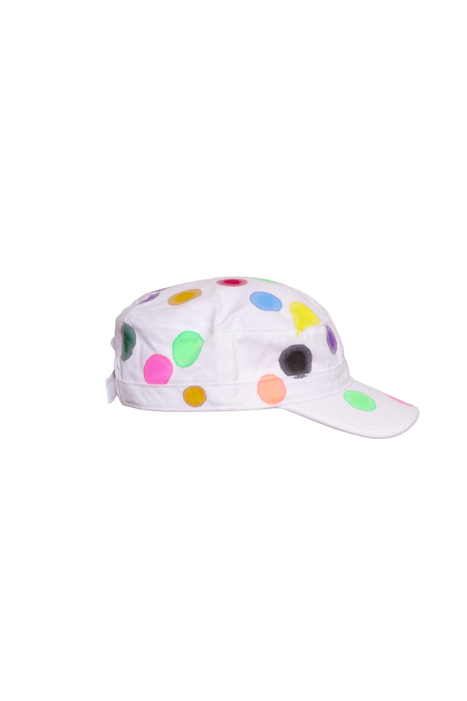 hand stamped white army cap with multicolor polka dots