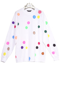 hand stamped white long sleeve t-shirt with multicolor polka dots