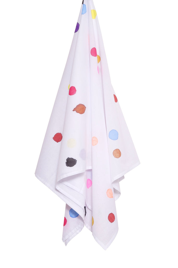 hand stamped white scarf with multicolor polka dots