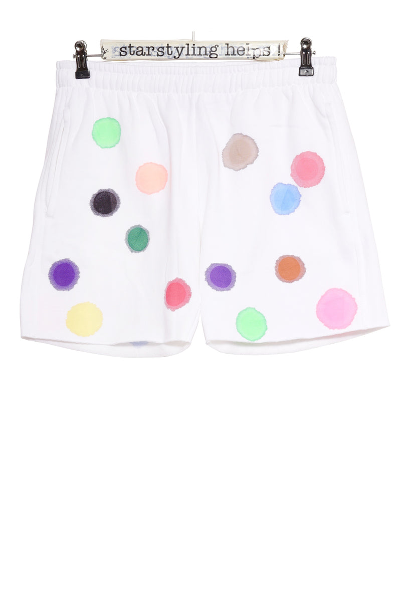 hand stamped white shorts with multicolor polka dots