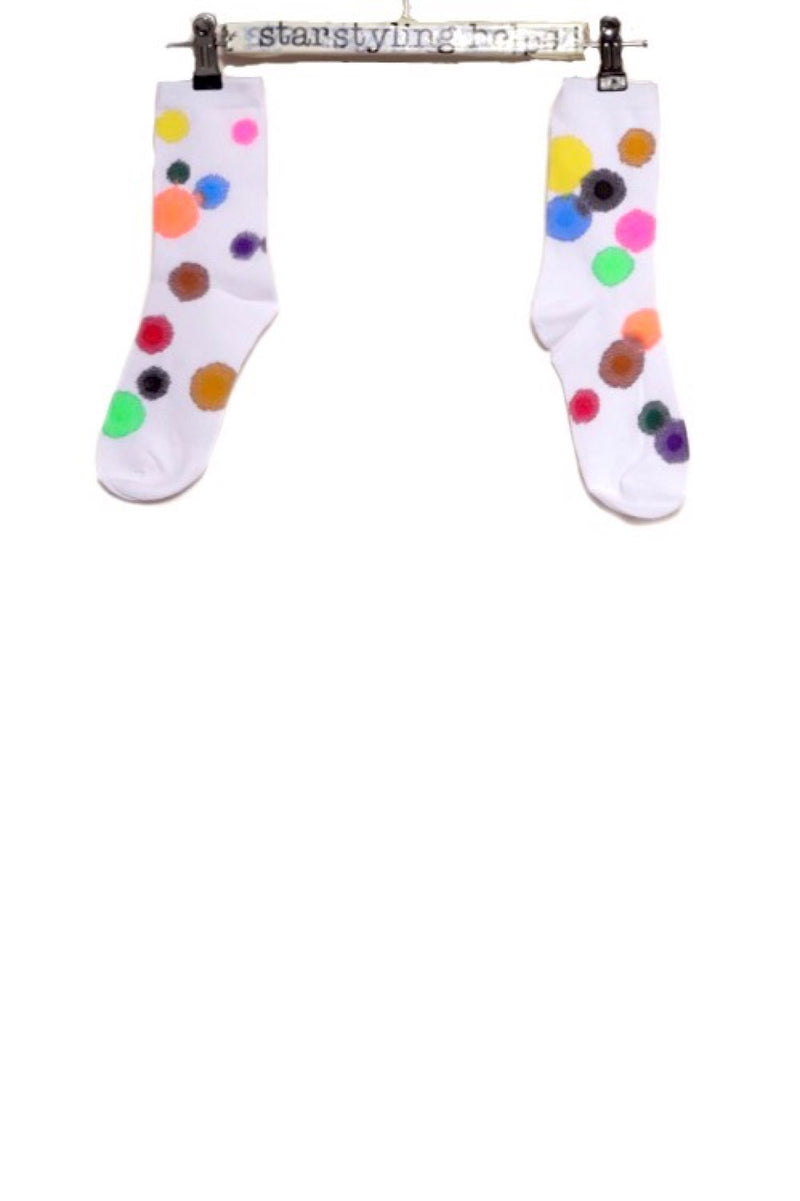 hand stamped white socks with multicolor polka dot 