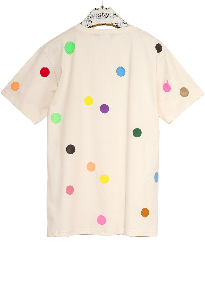 Hand stamped natural t-shirt with multicolor polka dot 