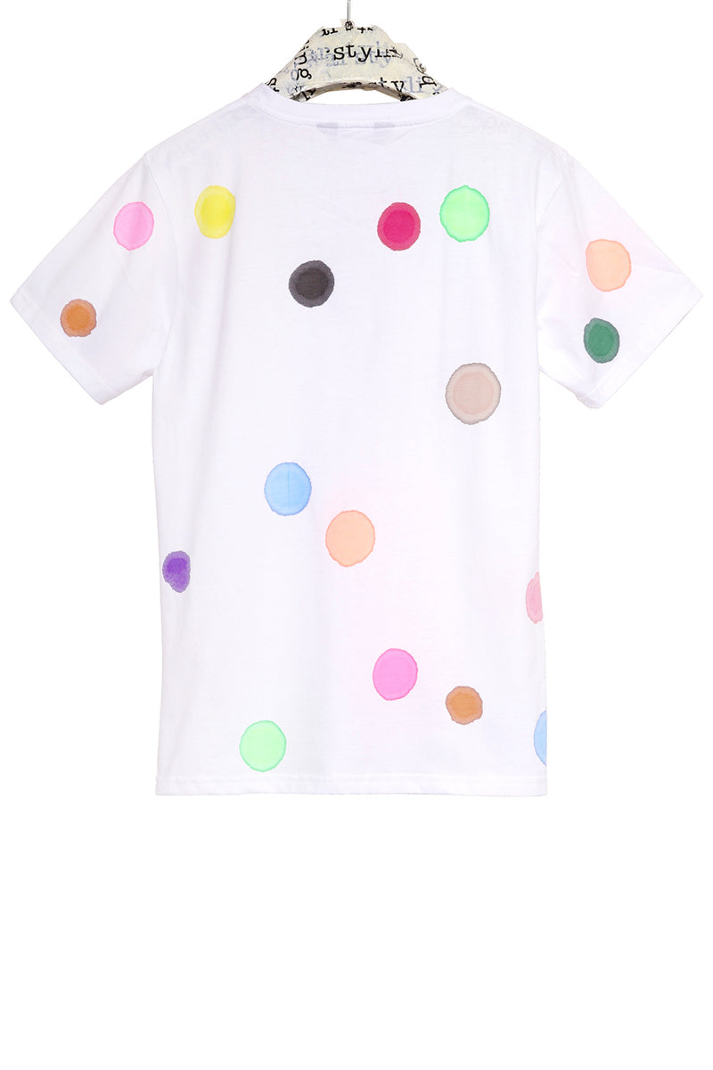 Hand stamped white t-shirt with multicolor polka dot   