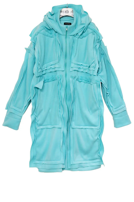 Light blue coat with layered ruffle details, front zipper, and hood on hanger