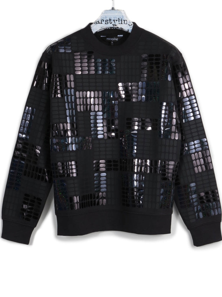 Black holographic sweater similar to a disco ball