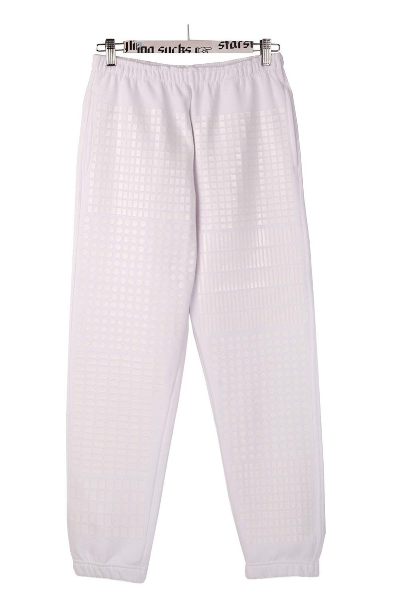 white joggers with glossy pattern printed on top in matching color 