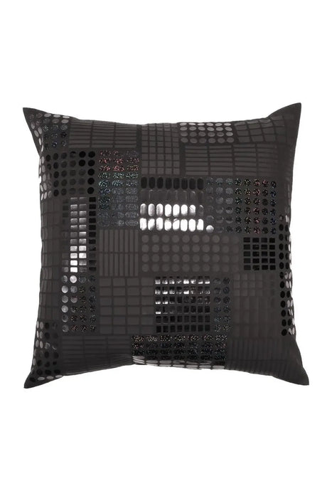 Square black cushion with glossy geometric grid and dot patterns, modern decorative pillow