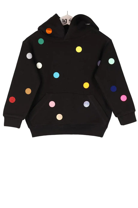 Black kids hoodie with colorful polka dots and front pocket, playful unisex sweater