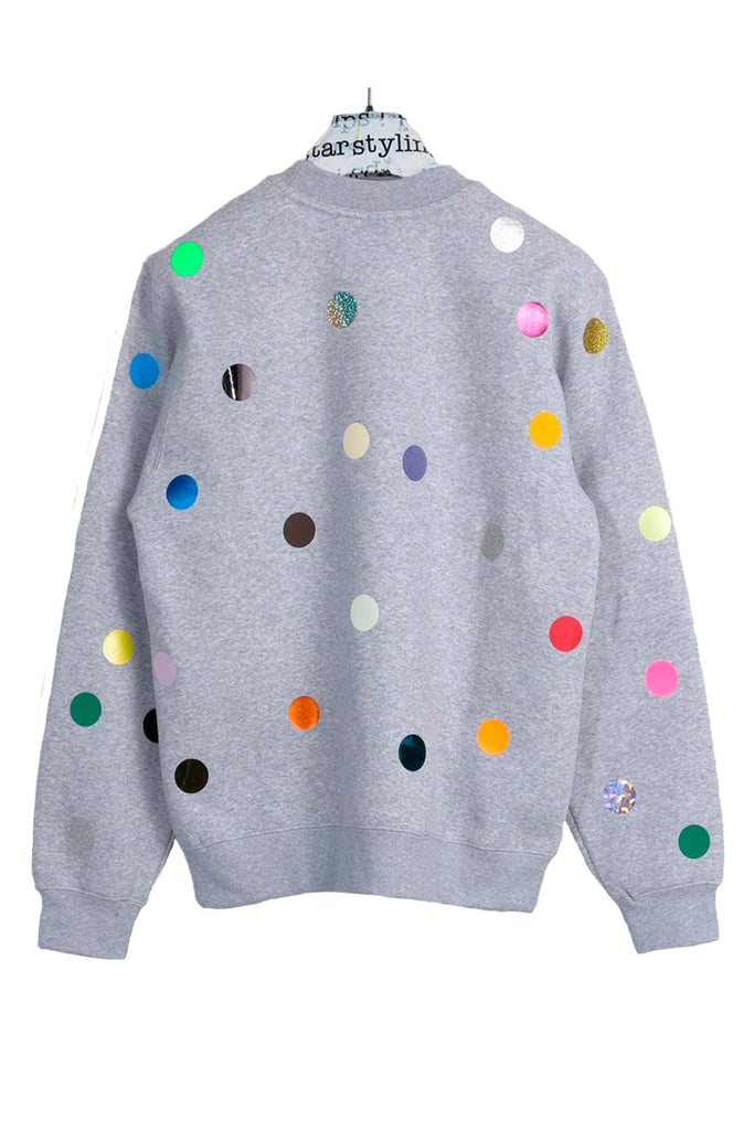 Grey jumper printed with colorful small polka dots
