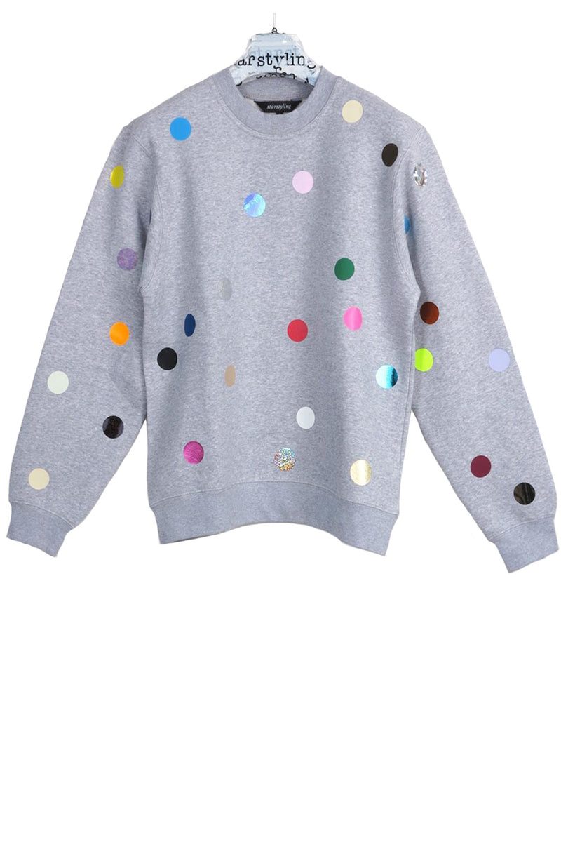 Grey jumper printed with colorful small polka dots