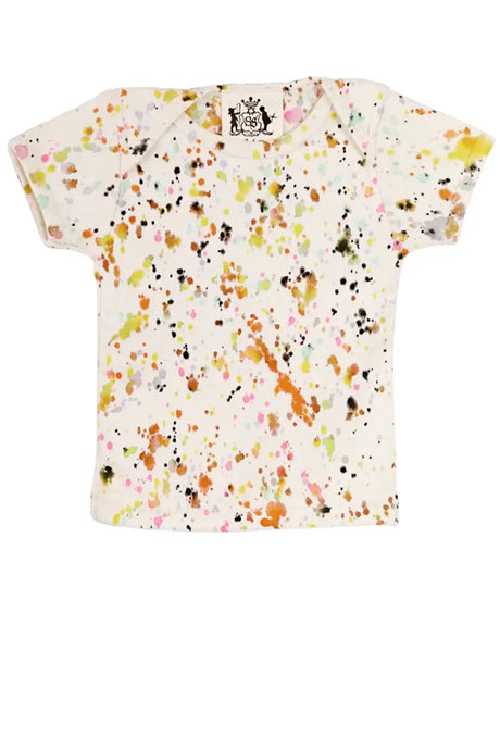 White baby T-shirt with colorful paint splatter print, short sleeves, playful design