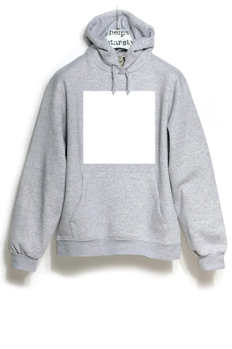 Light grey hoodie with a large white square print on the front, displayed on a hanger.