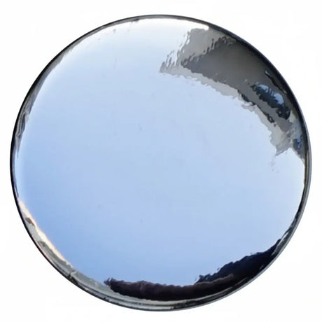 Round silver mirror button with glossy, reflective finish on white background