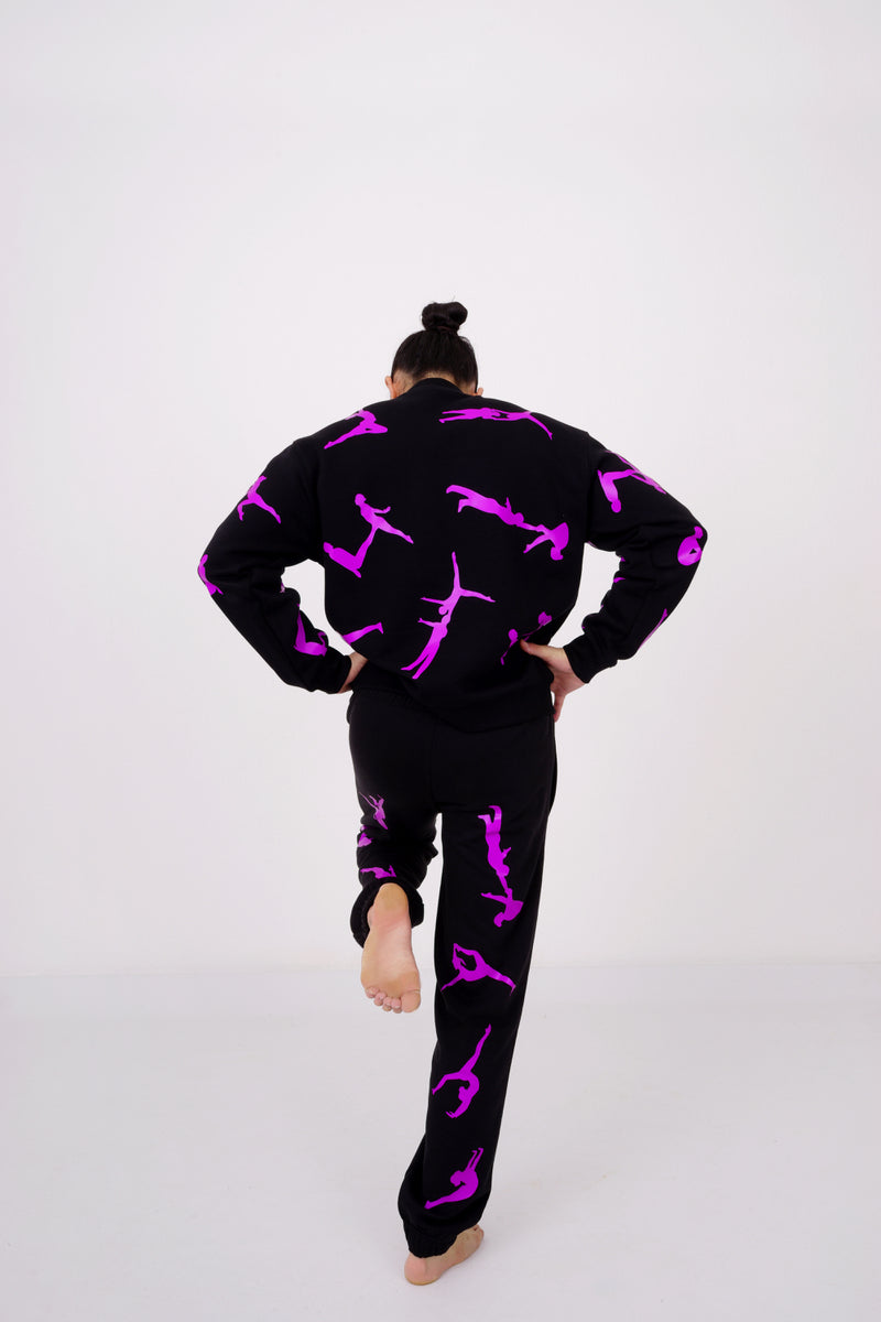Black tracksuit with acrobat silhouettes in purple transfer foil 