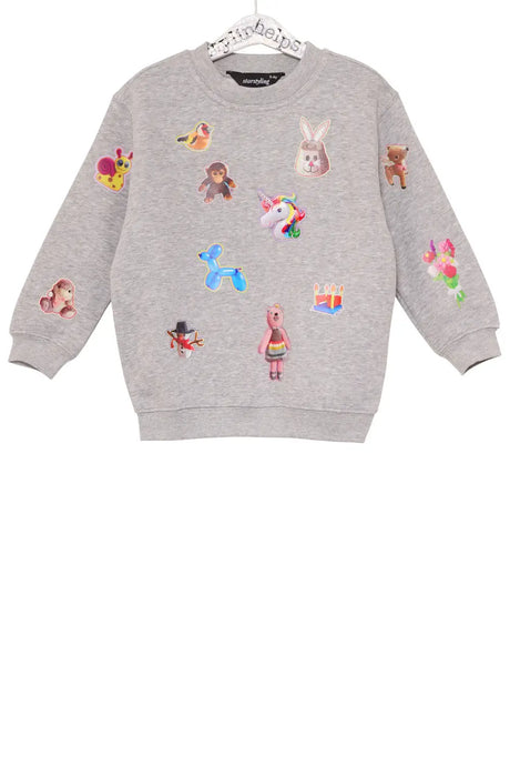 Grey kids sweatshirt with colorful animal and playful cartoon patches on hanger
