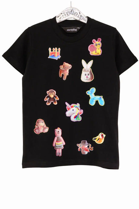Black kids' t-shirt with colorful animal and toy graphic prints on front, short sleeves