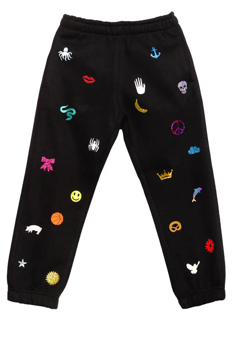 Black kids joggers with colorful playful prints like lips, smiley face, banana, and crown