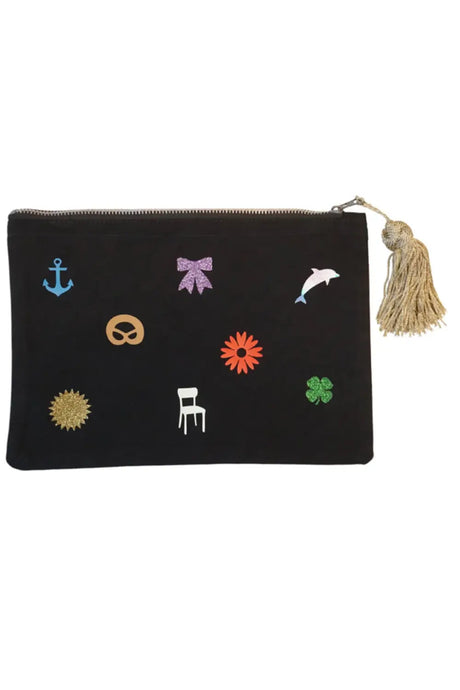 Black pencil bag with colorful charms, glittery bow, dolphin, anchor, and gold tassel zipper