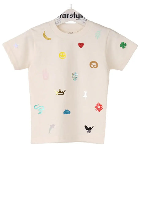 Kids cream t-shirt with colorful playful graphic prints like banana, heart, smiley, and animals